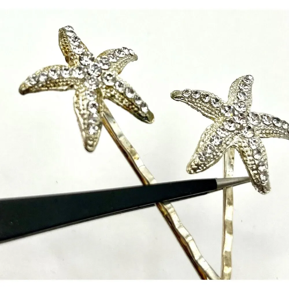 Starfish Rhinestone Hair Pins Silver and Gold Tone Pair of 2